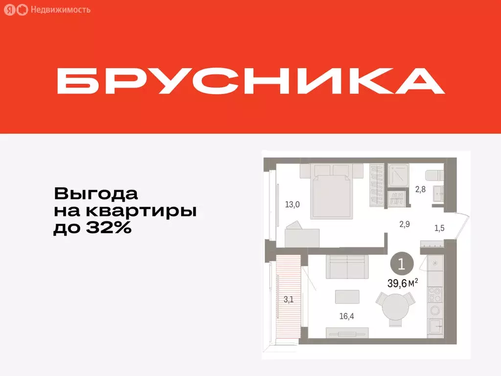 1-комнатная квартира: Тюмень, жилой комплекс На Минской (39.57 м) - Фото 1