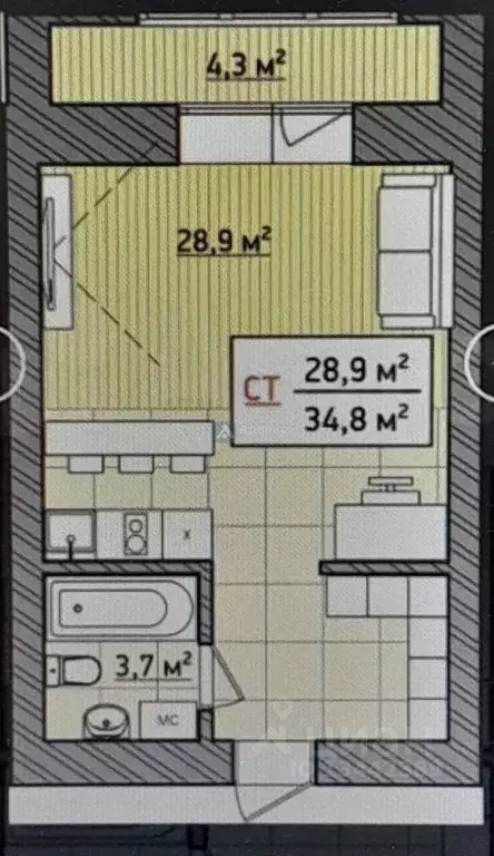 Студия Тюменская область, Тюмень Комбинатская ул., 54к2 (32.2 м) - Фото 1