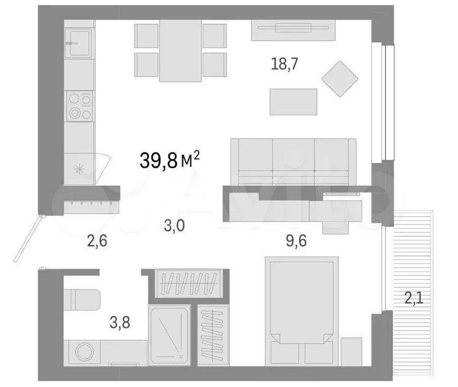 2-к. квартира, 39,8 м, 6/9 эт. - Фото 0