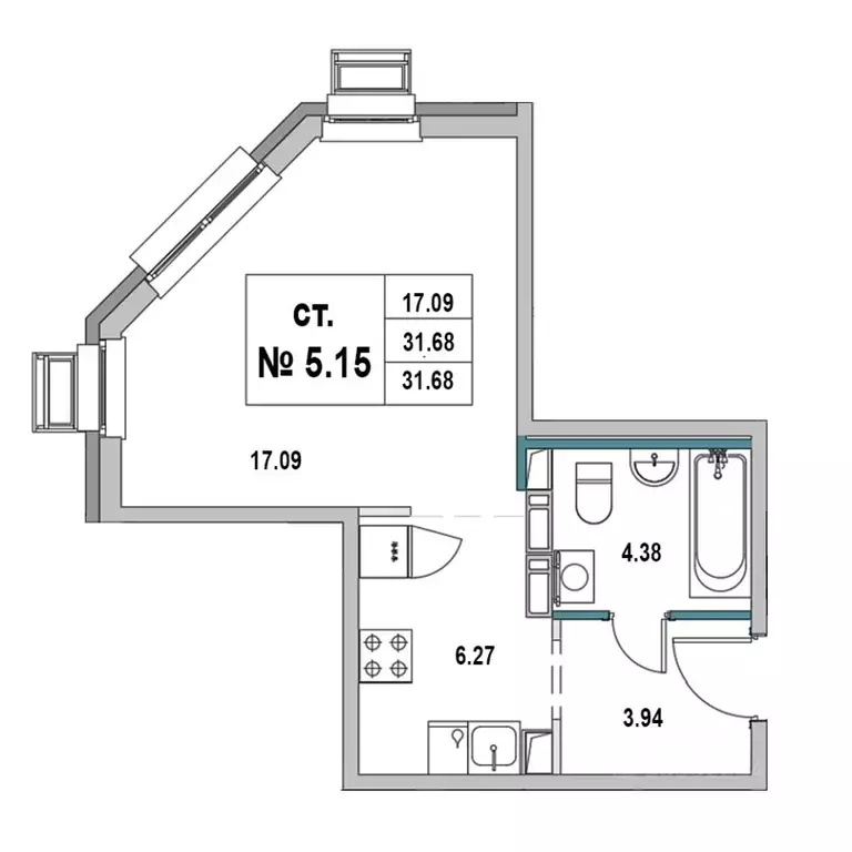 Студия Ленинградская область, Выборг ул. 2-я Южная, 4 (31.68 м) - Фото 1