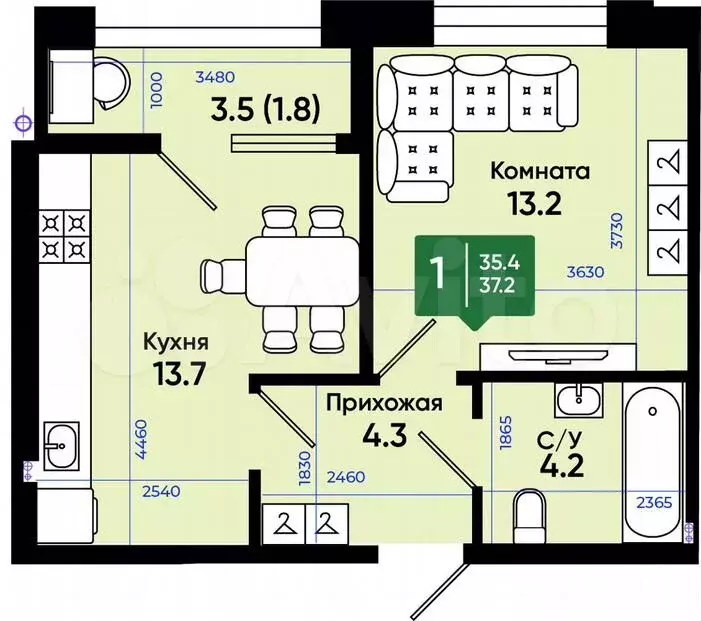 1-к. квартира, 37,4м, 1/3эт. - Фото 1