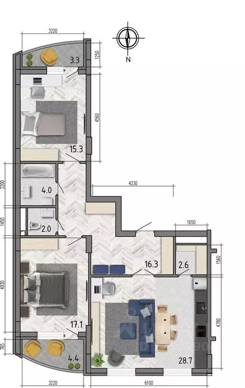 3-к кв. Воронежская область, Воронеж ул. Федора Тютчева, 93/4 (90.3 м) - Фото 1
