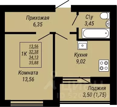 1-к кв. Ивановская область, Иваново Юбилейный жилой комплекс (35.88 м) - Фото 0