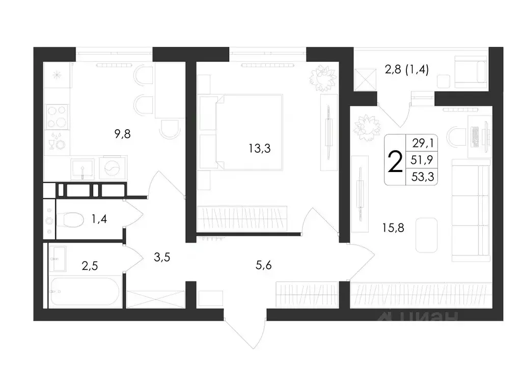 2-к кв. Воронежская область, Воронеж ул. Загоровского, 5/3 (53.3 м) - Фото 0