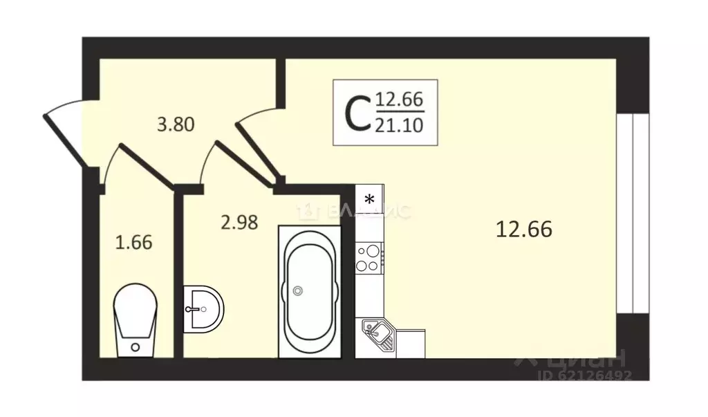 Студия Санкт-Петербург Кубинская ул., 82к3с1 (21.1 м) - Фото 1