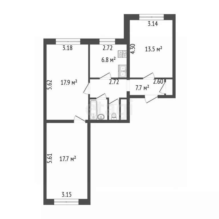 3-к кв. Санкт-Петербург Белградская ул., 16 (67.3 м) - Фото 2