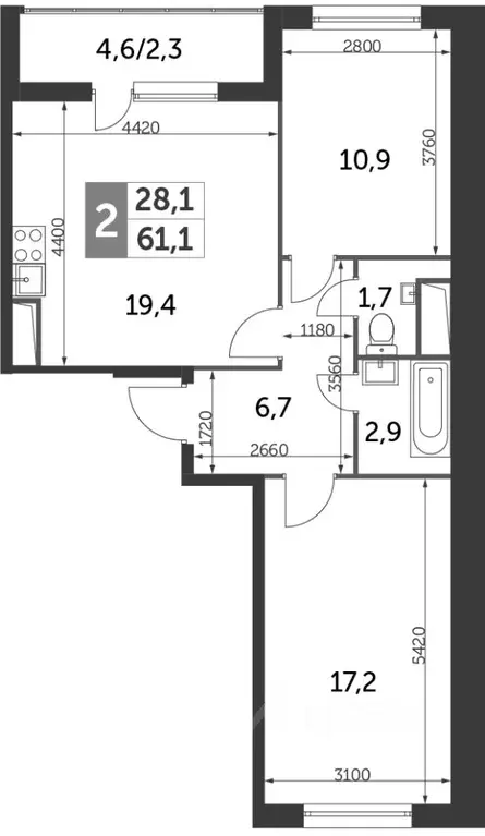 2-к кв. Московская область, Одинцово ул. Сколковская, 9Б (63.0 м) - Фото 2