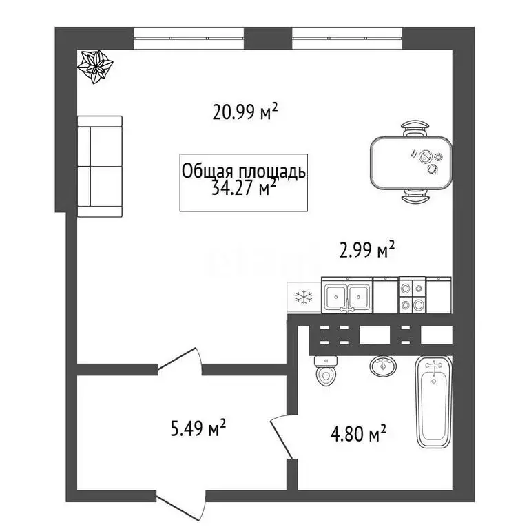 Квартира-студия: Новосибирск, Красный проспект, 180 (34.27 м) - Фото 0