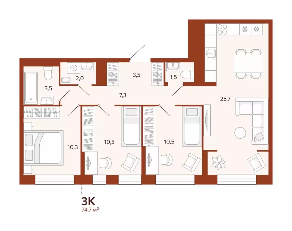 3-комнатная квартира: Тюмень, улица Новаторов, 28 (74.67 м) - Фото 0