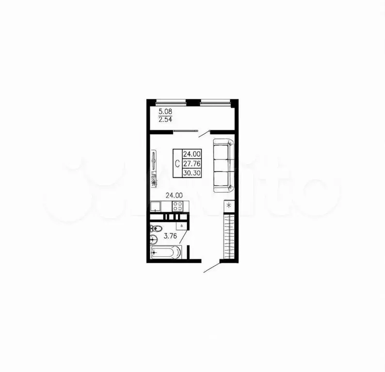 Квартира-студия, 30,3 м, 4/8 эт. - Фото 1