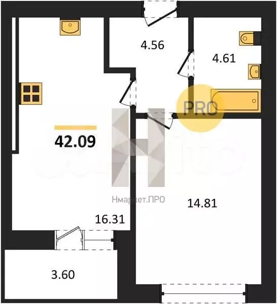 1-к. квартира, 42,1 м, 2/9 эт. - Фото 1