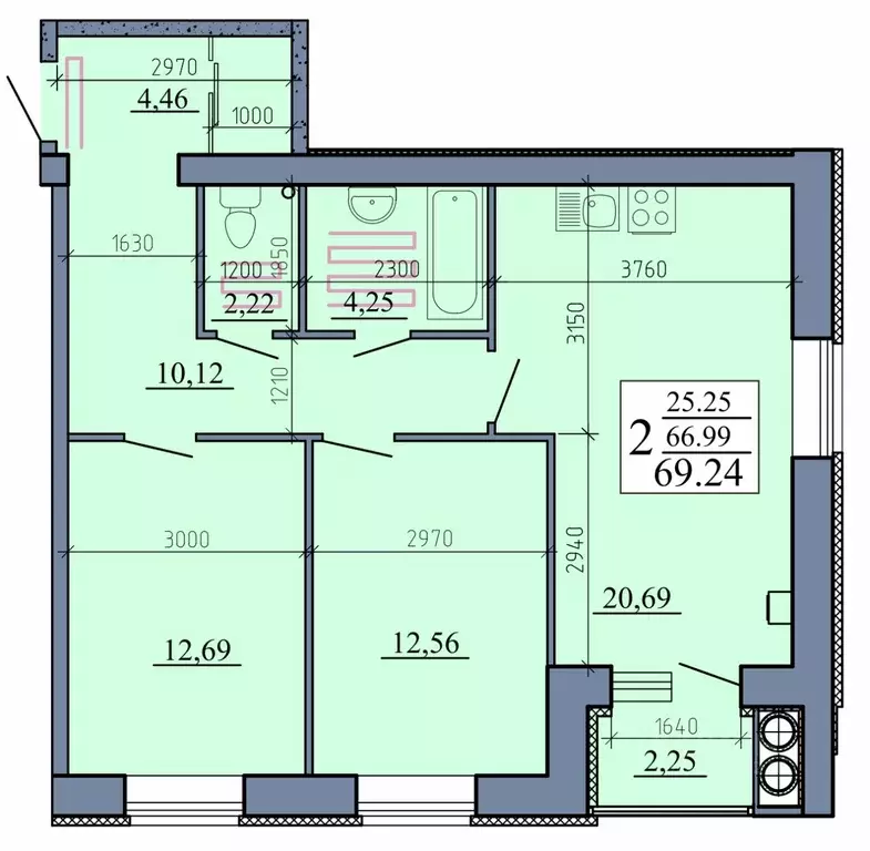 2-к кв. Рязанская область, Рыбное  (69.24 м) - Фото 2