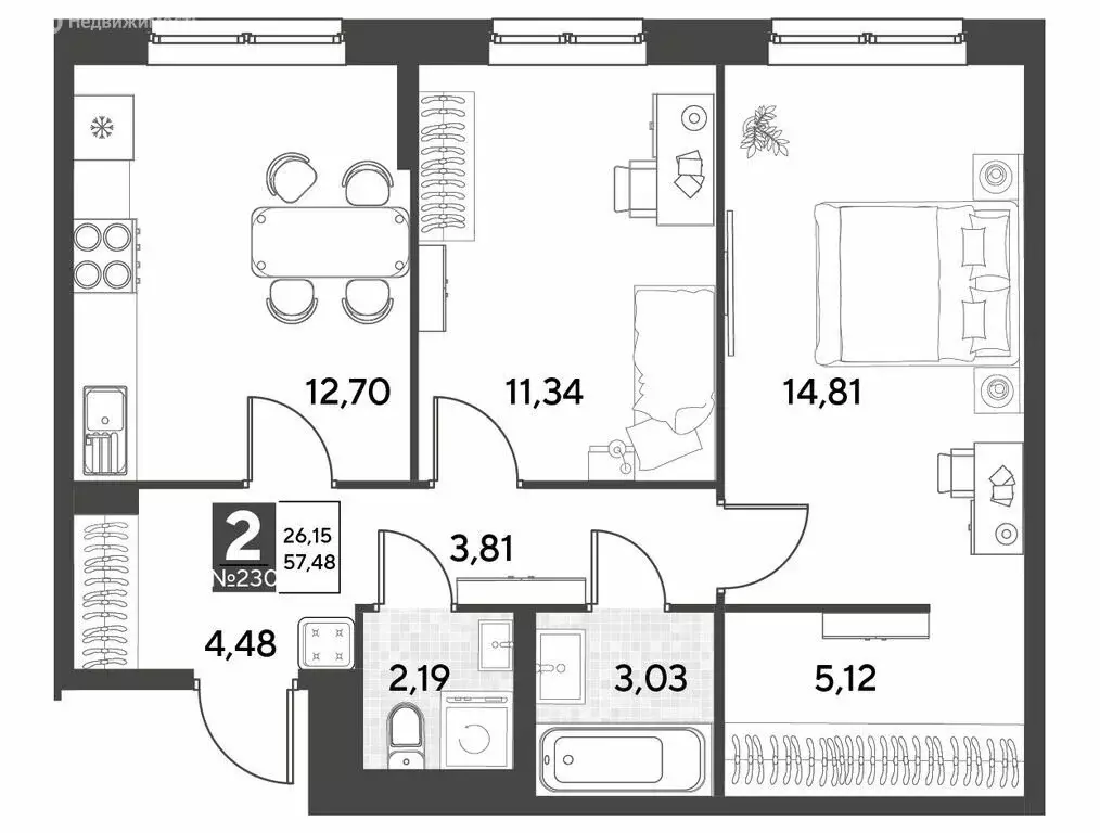 2-комнатная квартира: калуга, улица болдина, 22/1 (57.48 м) - Фото 0