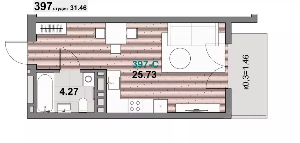 1-к кв. Калининградская область, Зеленоградск ул. Гагарина (31.46 м) - Фото 1