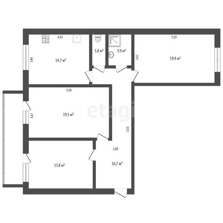3-комнатная квартира: Тюмень, улица Пермякова, 78к2 (90.9 м) - Фото 0
