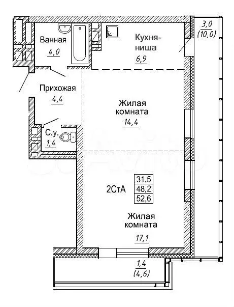 2-к. квартира, 52,4 м, 24/30 эт. - Фото 0