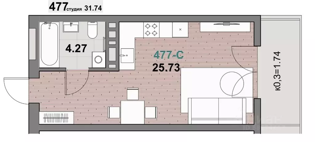1-к кв. Калининградская область, Зеленоградск ул. Гагарина (31.74 м) - Фото 1