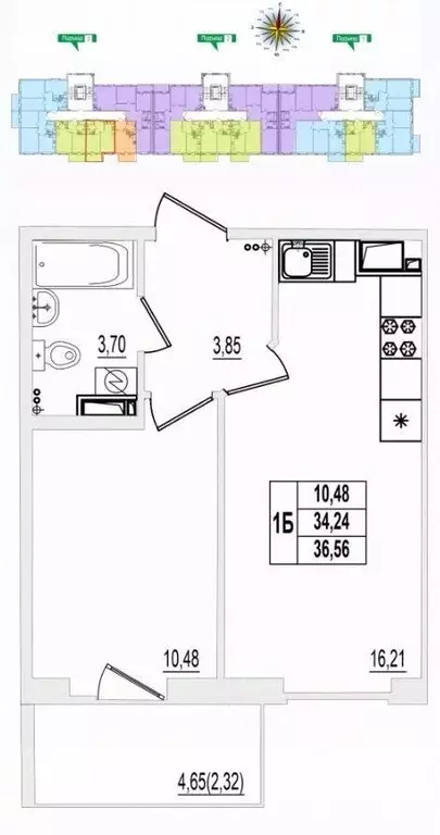 1-к кв. Псковская область, Псков ул. Крестки, 9 (36.56 м) - Фото 1