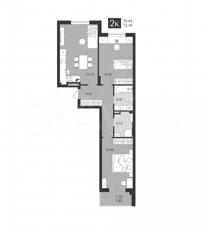 2-к. квартира, 70,5 м, 1/4 эт. - Фото 1