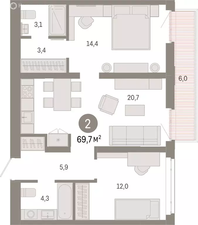 2-комнатная квартира: Тюмень, Ленинский округ (69.68 м) - Фото 1