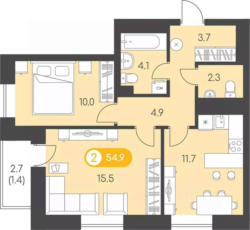 2-к кв. Удмуртия, Ижевск Воткинское ш., 53к1 (54.9 м) - Фото 1