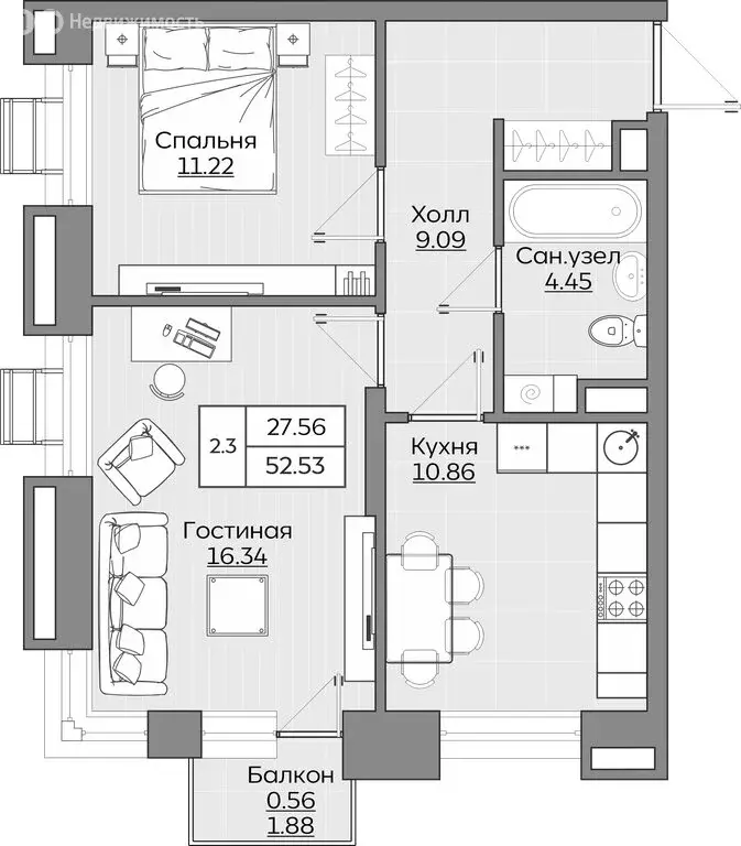 2-комнатная квартира: Казань, ЖК Батталовский (52.52 м) - Фото 0