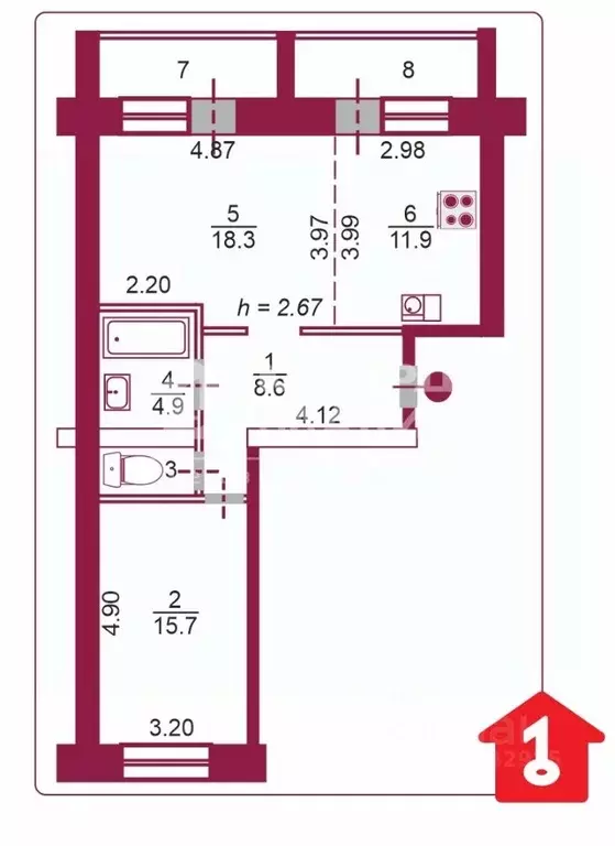 2-к кв. Омская область, Омск ул. Герцена, 232/1 (61.0 м) - Фото 2