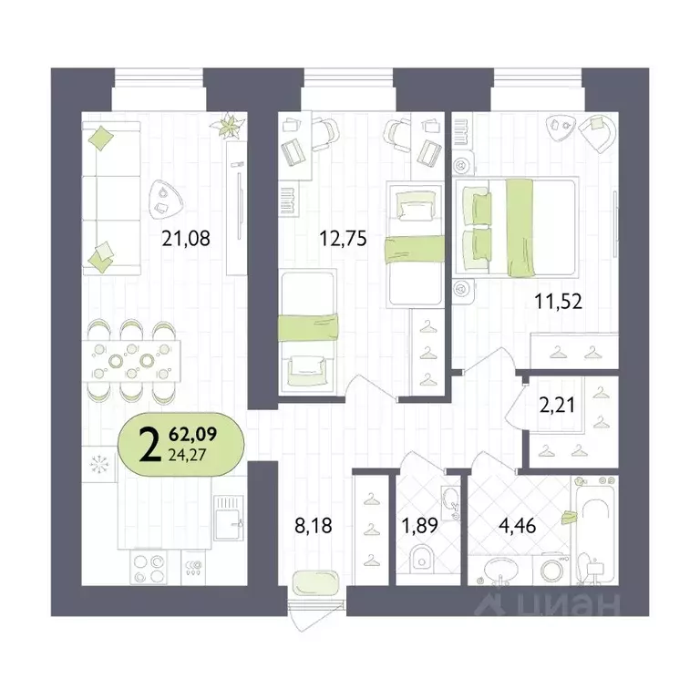 2-к кв. Брянская область, Брянск Бежицкая ул. (62.09 м) - Фото 1