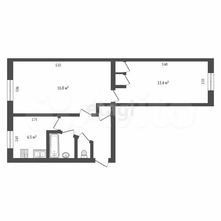 2-к. квартира, 45,7 м, 1/5 эт. - Фото 0