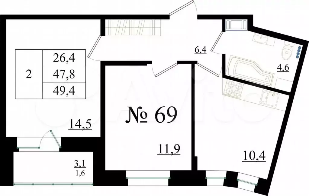 2-к. квартира, 49,4м, 8/8эт. - Фото 0