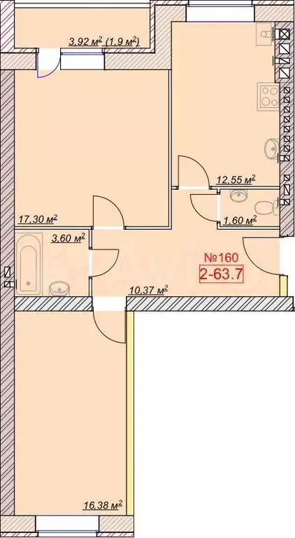 2-к. квартира, 63,7 м, 9/9 эт. - Фото 1