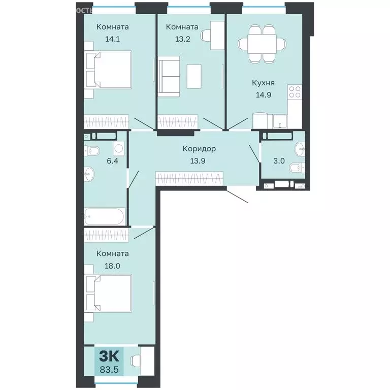 3-комнатная квартира: Пермь, Парковый проспект, 24 (83.5 м) - Фото 0