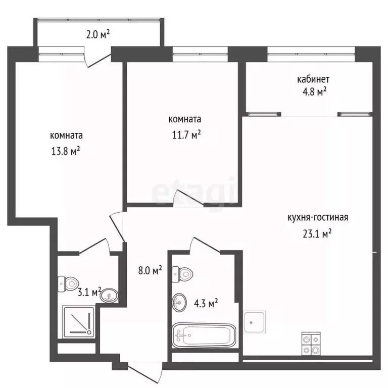 2-к кв. Тюменская область, Тюмень ул. Василия Малкова, 23 (69.4 м) - Фото 2