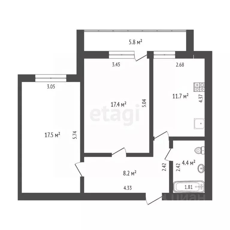 2-к кв. Тюменская область, Тюмень Холодильная ул., 14 (59.2 м) - Фото 1