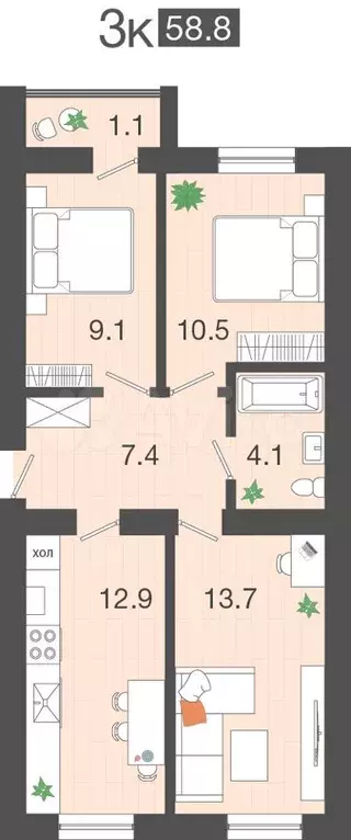 3-к. квартира, 58,8 м, 2/4 эт. - Фото 1