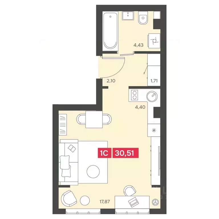 1-к кв. Новосибирская область, Новосибирск Аэропорт мкр,  (30.51 м) - Фото 1