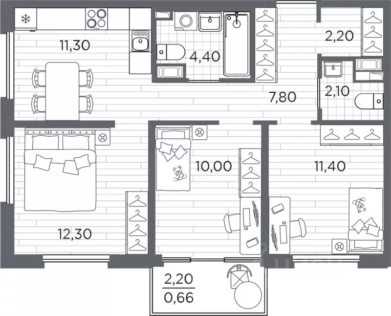 3-к кв. Санкт-Петербург Плюс Пулковский жилой комплекс (61.86 м) - Фото 1
