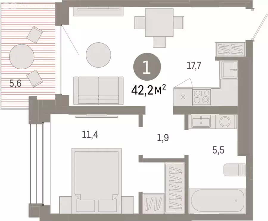 1-комнатная квартира: Тюмень, улица Муравленко, 9/2 (42.15 м) - Фото 1