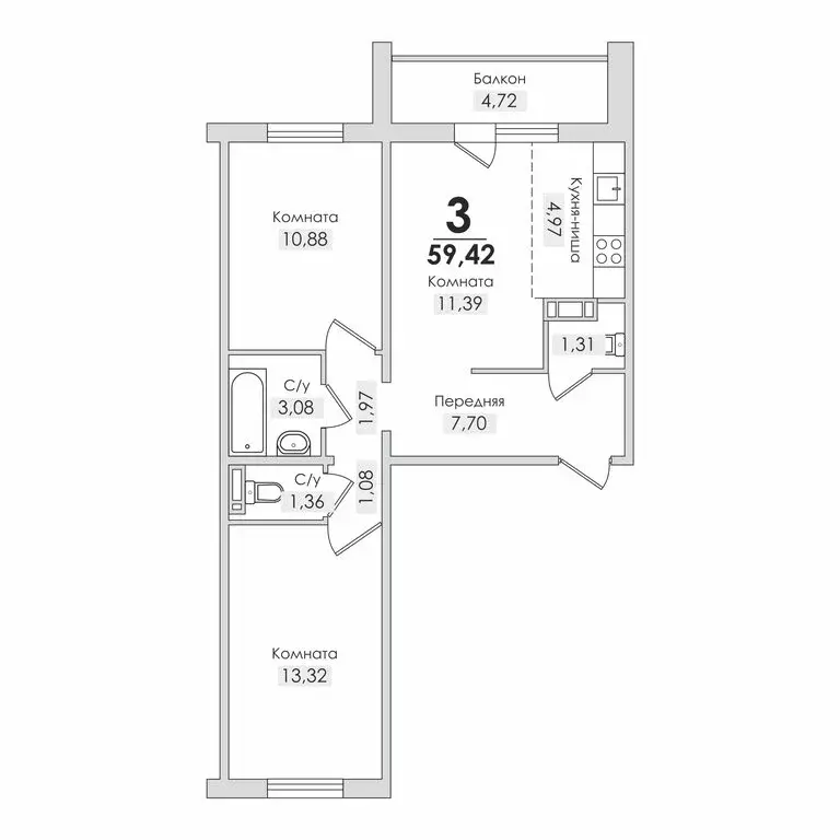 3-комнатная квартира: Снежинск, Транспортная улица, 9 (59.42 м) - Фото 0