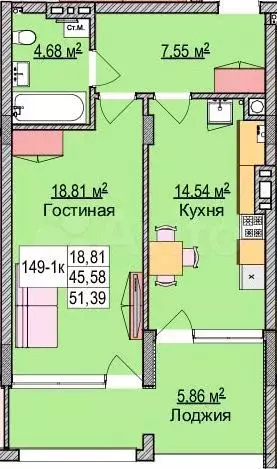 1-к. квартира, 52,9 м, 3/6 эт. - Фото 1