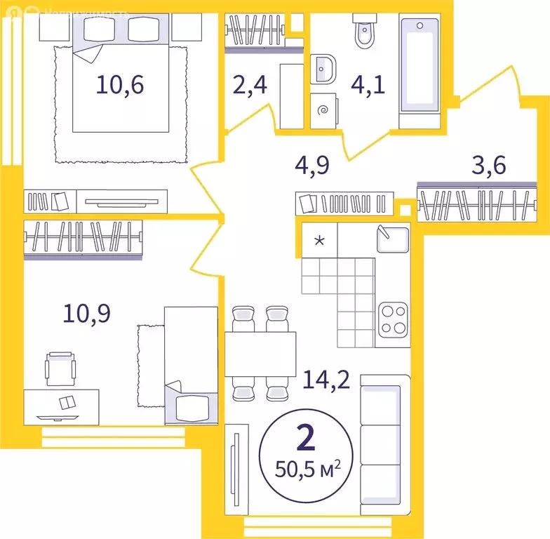 2-комнатная квартира: Екатеринбург, ЖК Астон Реформа (50.51 м) - Фото 1