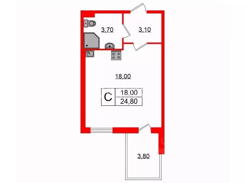 Студия Санкт-Петербург ул. Орбитальная, 9к1 (24.8 м) - Фото 1