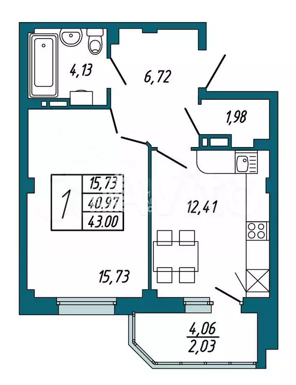 1-к. квартира, 41 м, 6/9 эт. - Фото 0