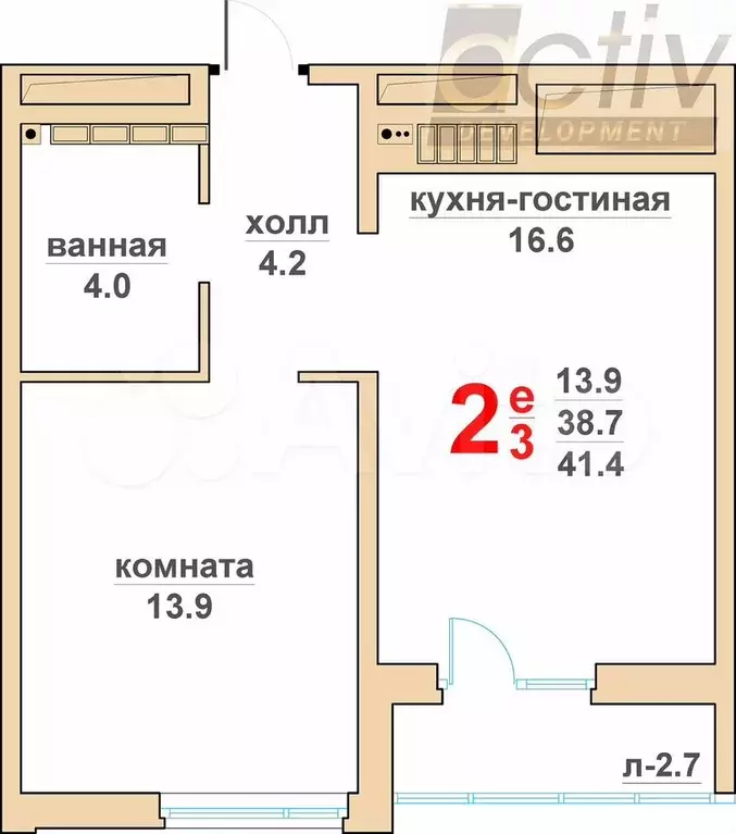 2-к. квартира, 41,4 м, 5/16 эт. - Фото 1