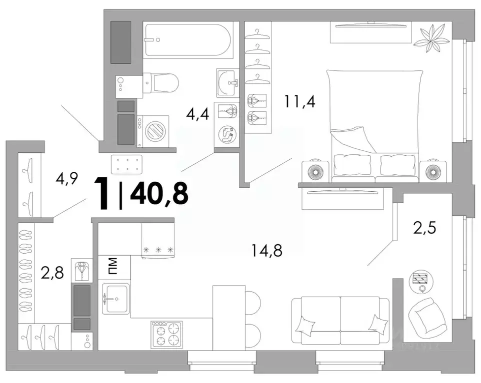 1-к кв. Владимирская область, Владимир Уно жилой комплекс (40.8 м) - Фото 1