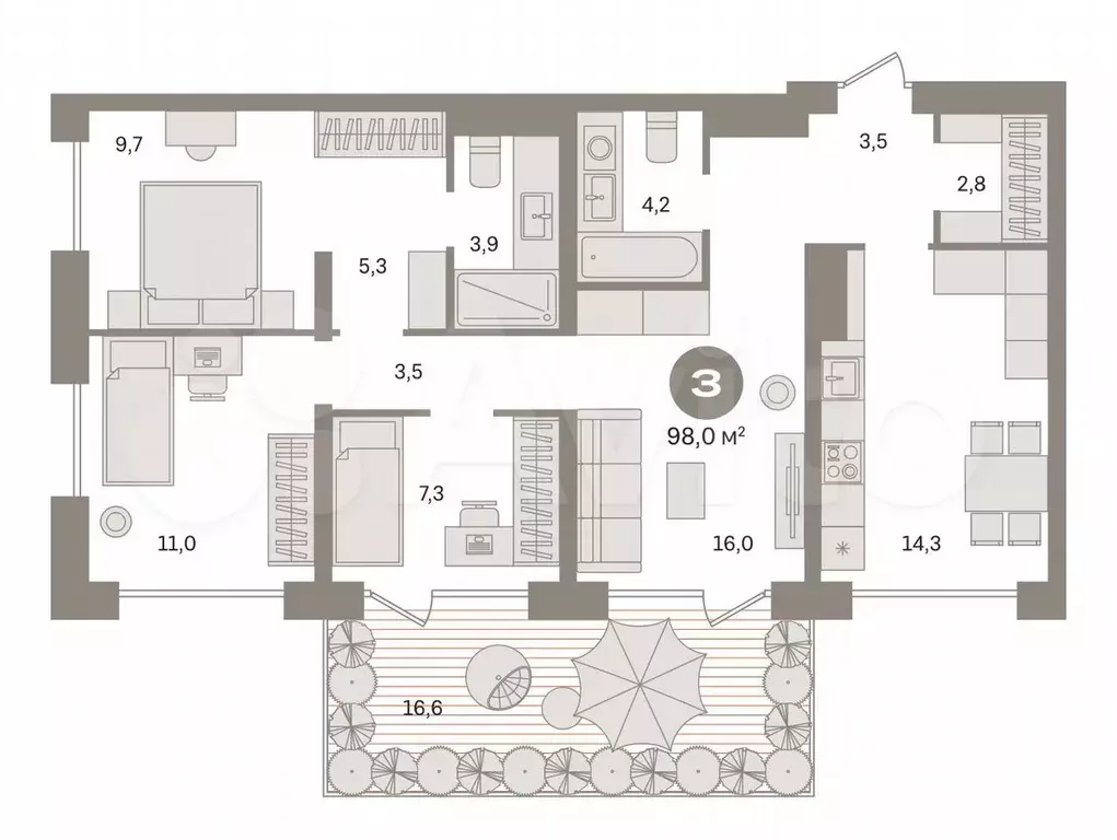 3-к. квартира, 98 м, 1/8 эт. - Фото 0