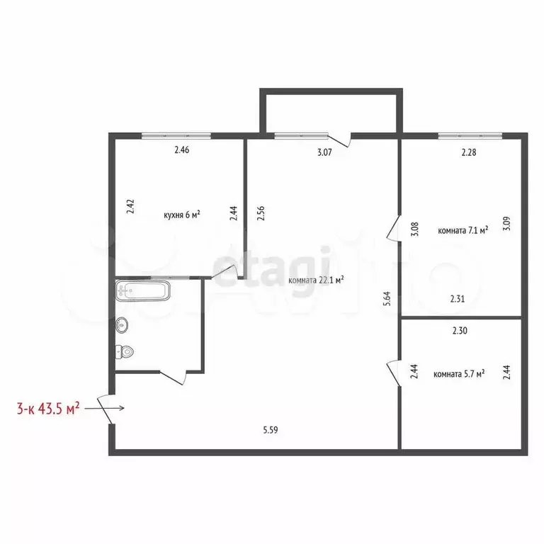 3-к. квартира, 43,5 м, 2/4 эт. - Фото 0