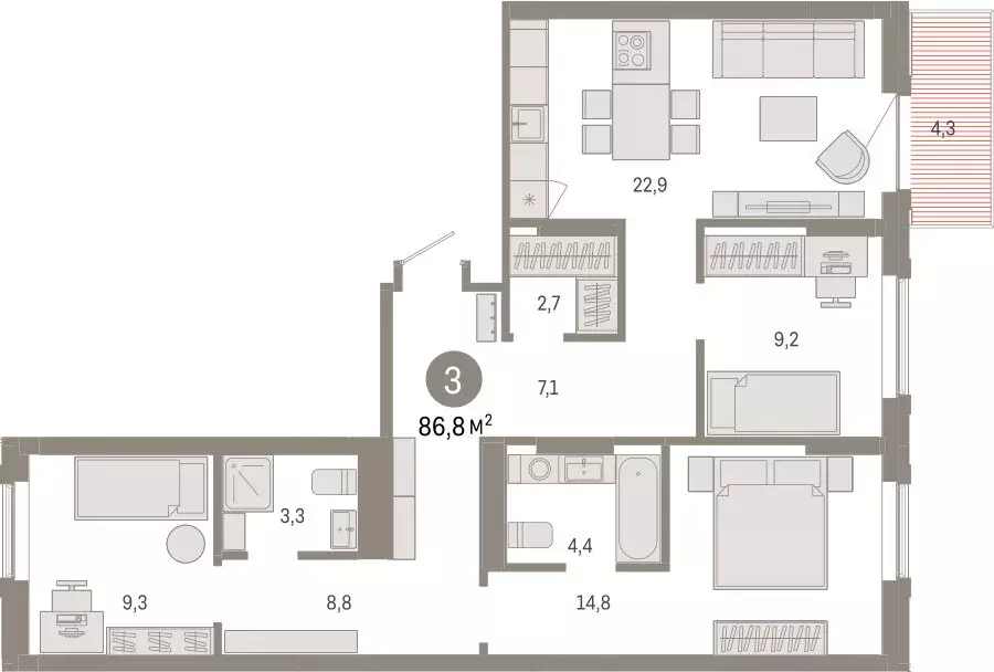 3-комнатная квартира: Омск, Кировский округ (86.75 м) - Фото 1