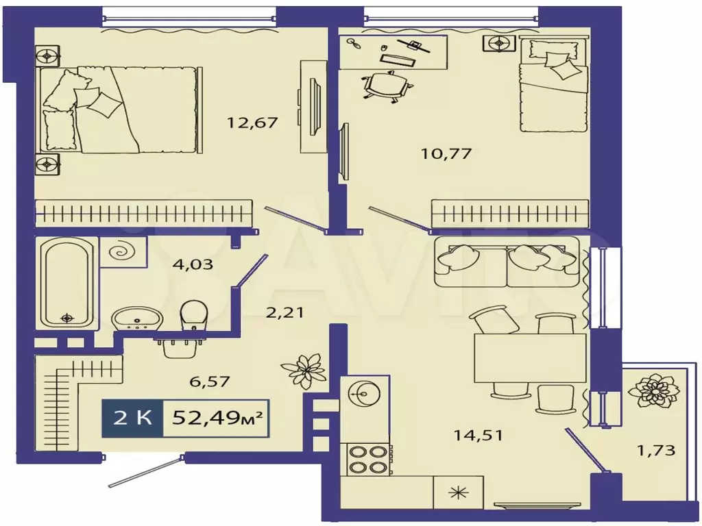 2-к. квартира, 52,5 м, 3/4 эт. - Фото 1