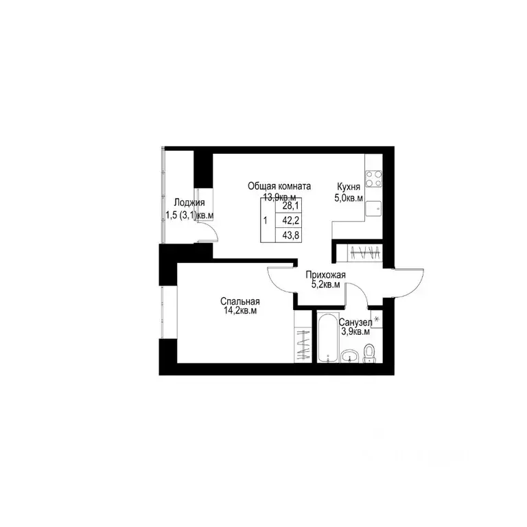 1-к кв. Татарстан, Альметьевск  (43.8 м) - Фото 1